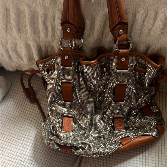 Y2K Slouchy Disco Silver & Brown Leather Mob Wife Mesh Drawstring Shoulder bag - Picture 2 of 4